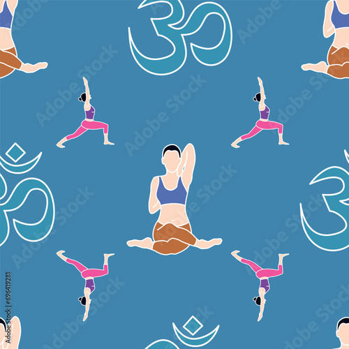 Yoga poses have a seamless pattern background with women in yoga poses. Great for healthy lifestyle and workout-inspired products, fabrics, packaging, and wallpaper projects. Healthy lifestyle.