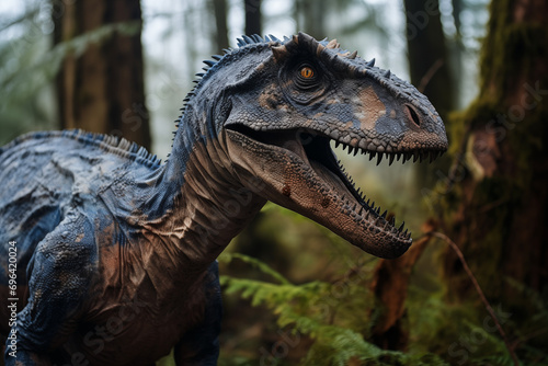 close up of a single blue and brown raptor dinosaur hunting in tense forest © Reischi