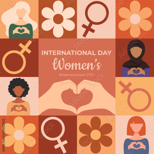The 2024 #inspire inclusion campaign for gender equality .International Women's Day.Template for postcards, banners, posters, flyers, vector illustration in a flat style..