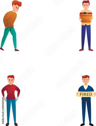 Fired manager icons set cartoon vector. Sad man employee with walking box. Unemployment problem