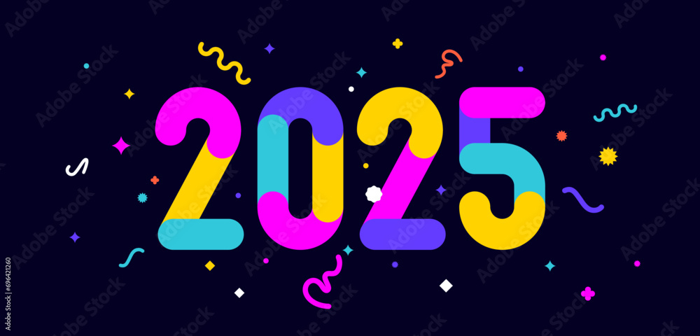 2025. Greeting card for Happy New Year, banner, poster and sticker, holiday geometric style with text 2025. Lettering card with holiday confetti, invitation card 2025, web banner. Vector Illustration