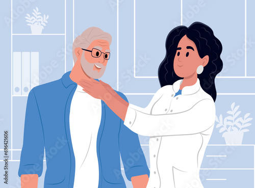World Thyroid Day. Endocrinologist examining thyroid gland of elderly patient. Endocrinologist deal with the diagnosis and treatment of the human thyroid gland.