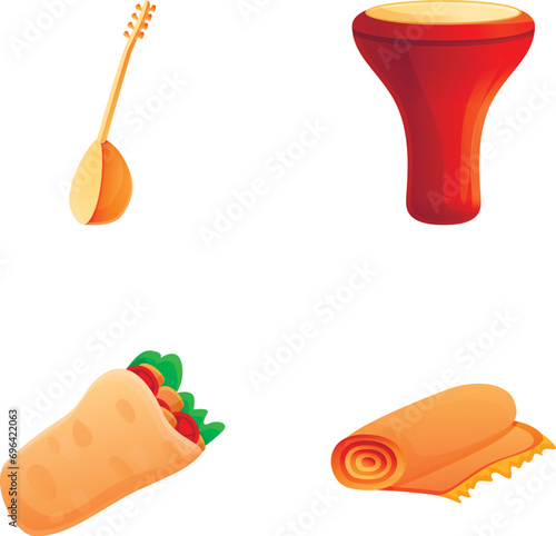 Turkish culture icons set cartoon vector. Turkish symbol and tradition. Travel to turkey