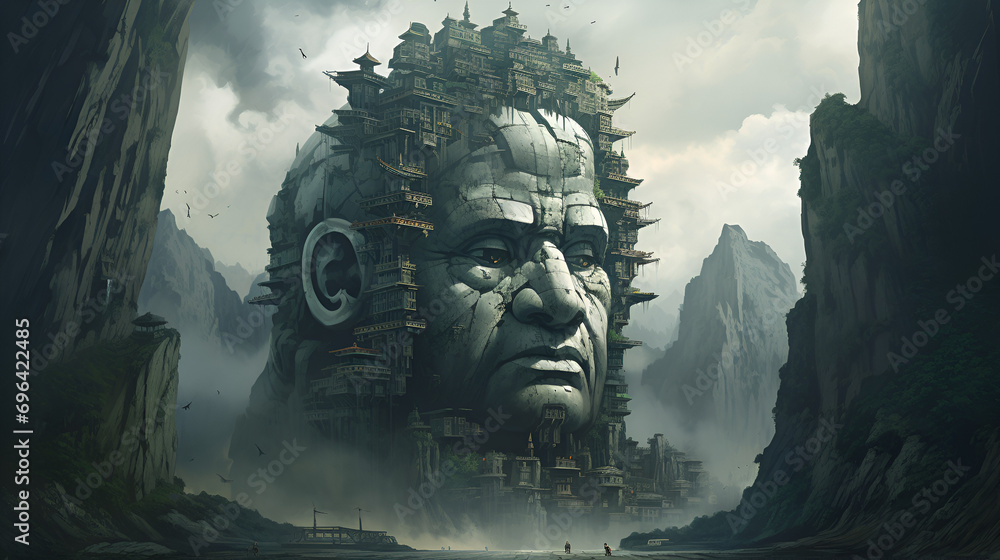 A fantasy settlement with a city carved into a stone mountain, showcasing a colossal giant head sculpted into the rocky surface - obrazy, fototapety, plakaty 