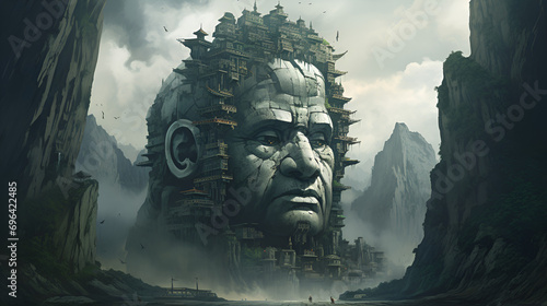 A fantasy settlement with a city carved into a stone mountain, showcasing a colossal giant head sculpted into the rocky surface