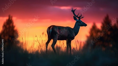 Silent Sentinels  Guardians of the Forest Stand Witness as a Majestic Deer Graces the Wilderness with its Presence