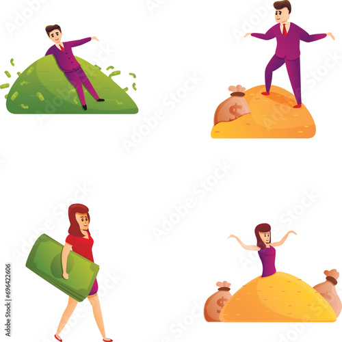 Rich human icons set cartoon vector. People sitting on heap of dollar and coin. Wealth, success concept