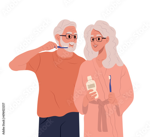 World oral health day. Man, woman taking care of oral health or brushing teeth. An elderly couple brushes their teeth with a toothbrush.