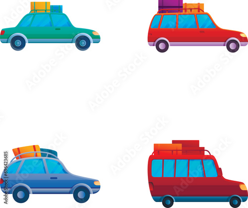 Travel vehicle icons set cartoon vector. Van for summertime road trip. Summer holiday, travel concept