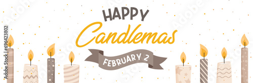 Banner - Happy Candlemas - February 2 - Text and vector illustrations to celebrate - Set of elegant and decorative candles - Soft light, festive elements - Culture, religion and prayer 