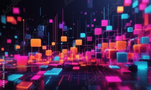 A futuristic abstract technology background illustrating data flow, business analytics, and ai in a modern and digitally generated design neon blocks