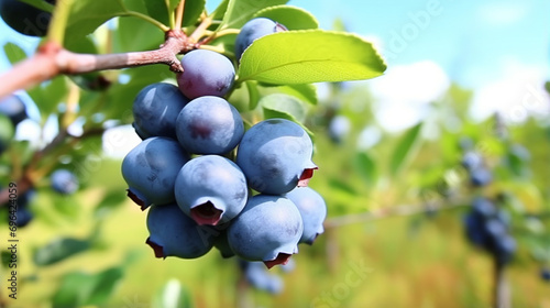 Ripe blueberries (bilberry) on a blueberry bush on a nature background. generative ai