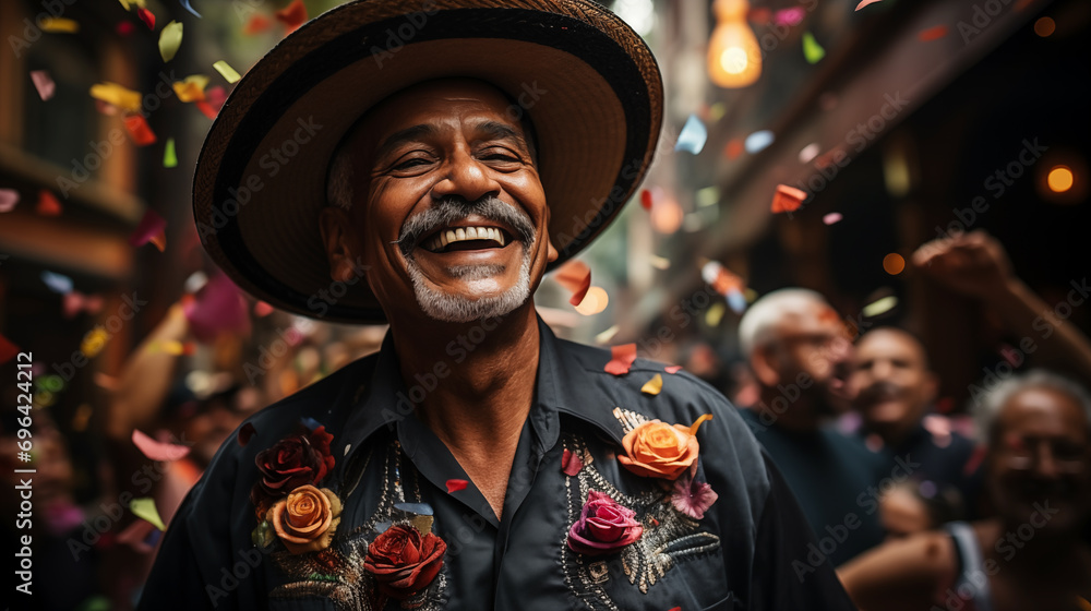 Φωτογραφία Portrait of a happy mexican senior man in a hat and flowers dancing in the street