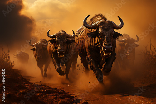A herd of wildebeest migrating across the dusty savanna.