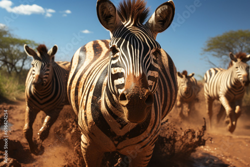 A pair of zebras playfully chasing each other.