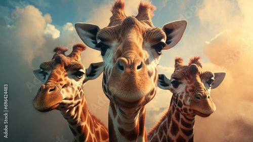 A group of giraffes in a gentle interaction, their long necks creating an elegant pattern against the sky.