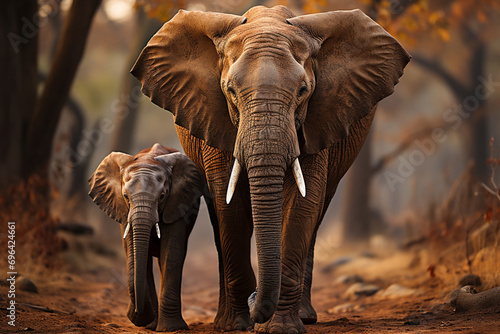 A peaceful scene of a mother elephant guiding her young calf. © Natalia