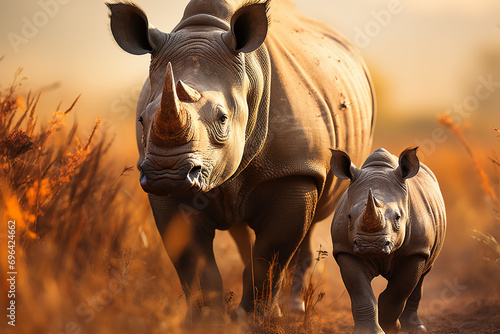 Murais de parede A powerful image of a rhino standing protectively with its young calf