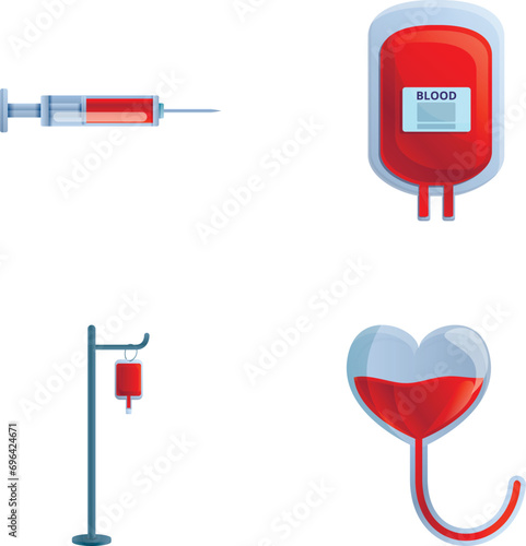 Blood donation icons set cartoon vector. Dropper, syringe and medical blood bag. Medicine and healthcare concept