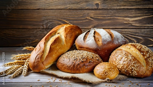 assortment of baked bread on wooden background
