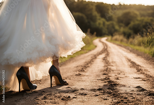 Futura novia con vestido blanco y zapatos negros de tacón parada en un camino de tierra. Mujer con stilettos negros y un vestido largo de encaje. Hecho con IA. photo
