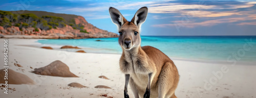 Kangaroo on sandy beach with clear blue waters in the background. Turquoise sea waves gently lapping the shore. Australia Day concept. Lucky Bay in the Cape Le Grand National Park.