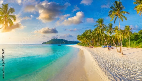 beautiful tropical beach banner white sand and coco palms travel tourism wide panorama background concept amazing beach landscape © Joseph