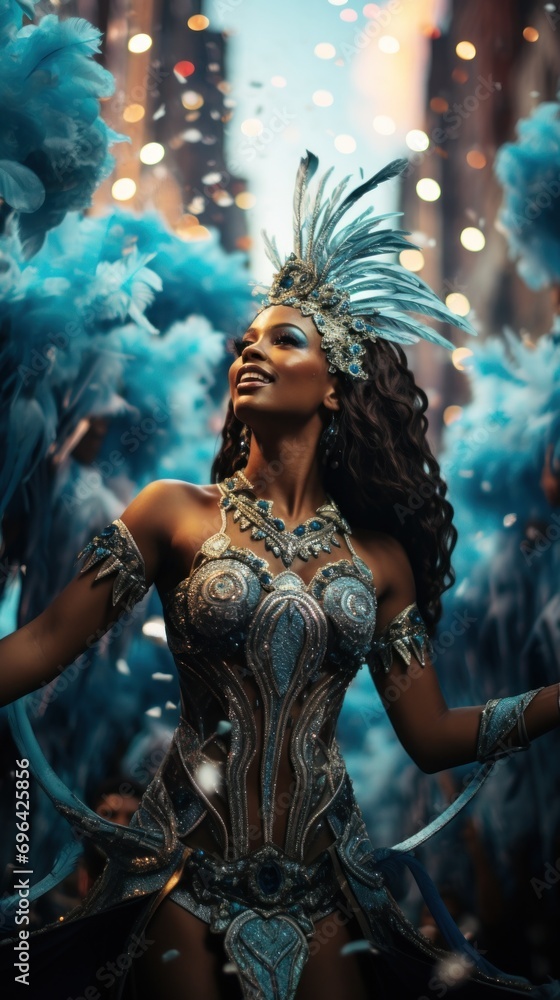 sexy dancing brazilian girl at carnival in Rio de Janeiro, poster, banner, vertical - obrazy, fototapety, plakaty 