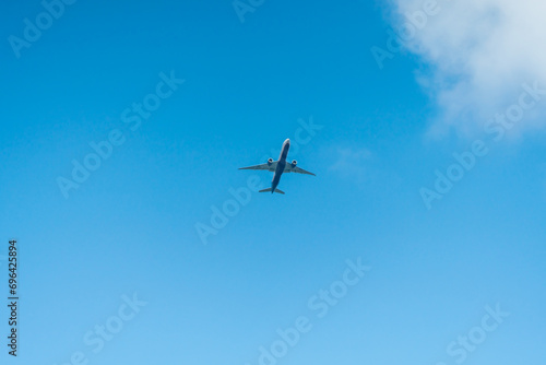 Passenger plane in the blue sky. © Dmirii
