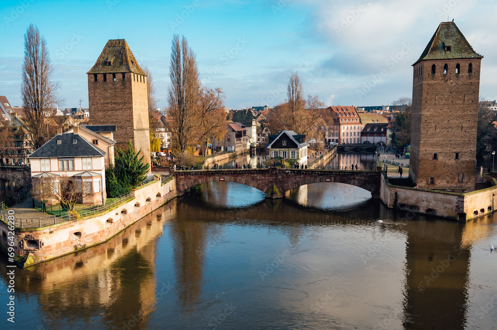 Winter panorama of the famous bridges Ponts Couverts in Strasbourg, France.
