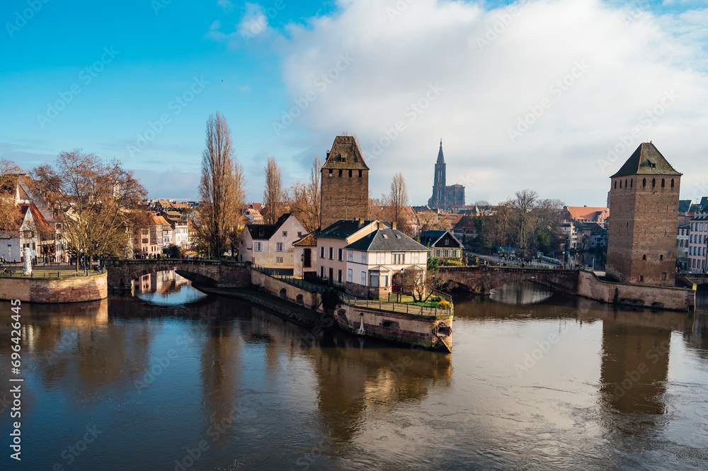 Scenic panorama of historical center of Strasbourg with river Rhine and famous district Petite France on a winter day
