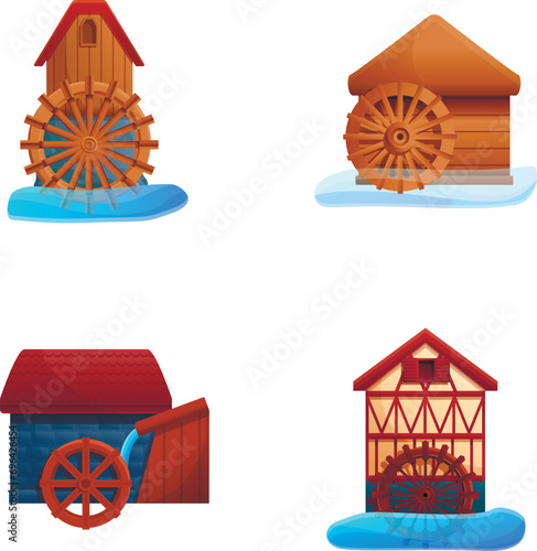 Old watermill icons set cartoon vector. Wooden structure uses river hydropower. Water millwheel