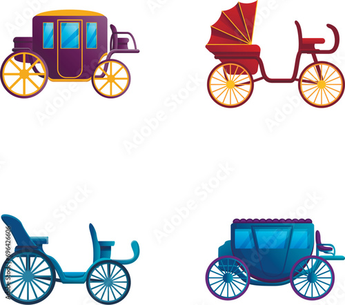 Retro carriage icons set cartoon vector. Vintage vehicle for passenger. Historical transport