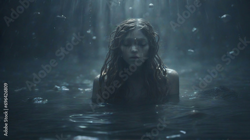 An emotionally charged woman in water, illustration of mental instability photo