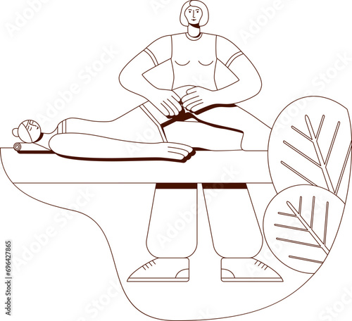 Anti cellulite massage with professional massage therapist in spa. Overweight treatment. Contour drawing. Isolated vector illustration.