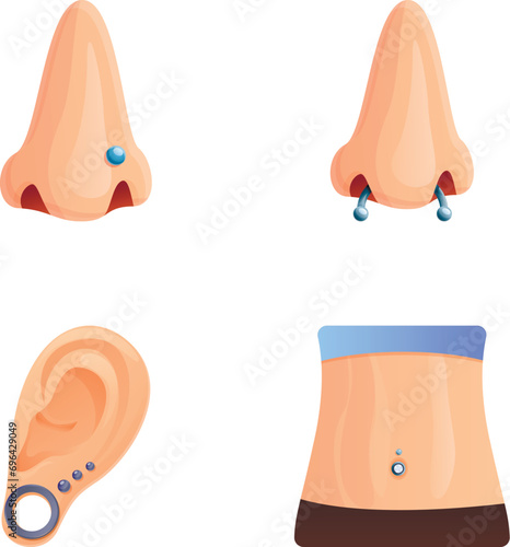 Body piercing icons set cartoon vector. Piercing of various body part. Modification human body photo