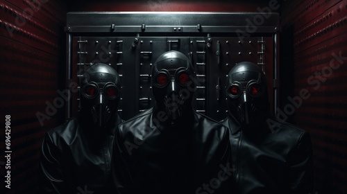 three prisoners dressed in black with black masks on, the old fashion safe