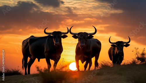 black bulls in the sunset