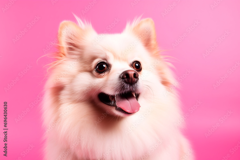 Cheerful white Pomeranian spitz close-up on a pink background, portrait