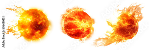 Set of different surfaces of the Sun with solar flares close-up on a transparent background. Magnetic storms or solar flares isolated on white background