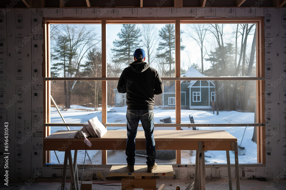 Man installing windows in a new home, demonstrating the expertise and precision of a professional contractor Man installing windows in a new home, demonstrating the expertise and precision of a professional contractor