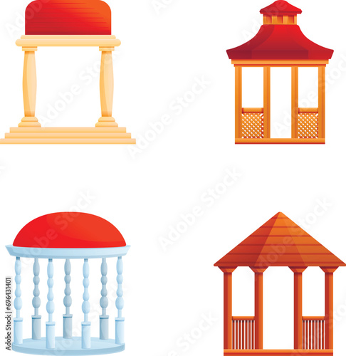 Pavilion icons set cartoon vector. Gazebo or pavilion structure. City park area element