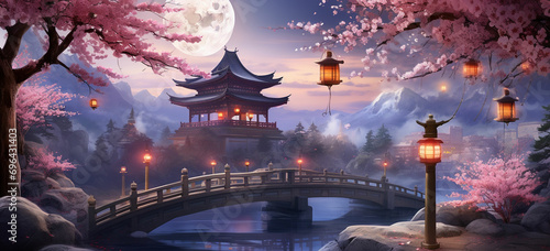 Fényképezés Illustrate a traditional Chinese pagoda in the background surrounded by cherry blossoms (sakura) trees