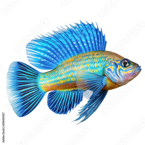 Multicolored aquarium fish on a transparent background, side view. The Royal Gramma, an yellow and white saltwater aquarium fish, isolated on a white background, a design element for insertion photo