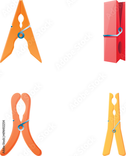 Clothespin icons set cartoon vector. Colored clothes peg collection. Clothes fastening clip