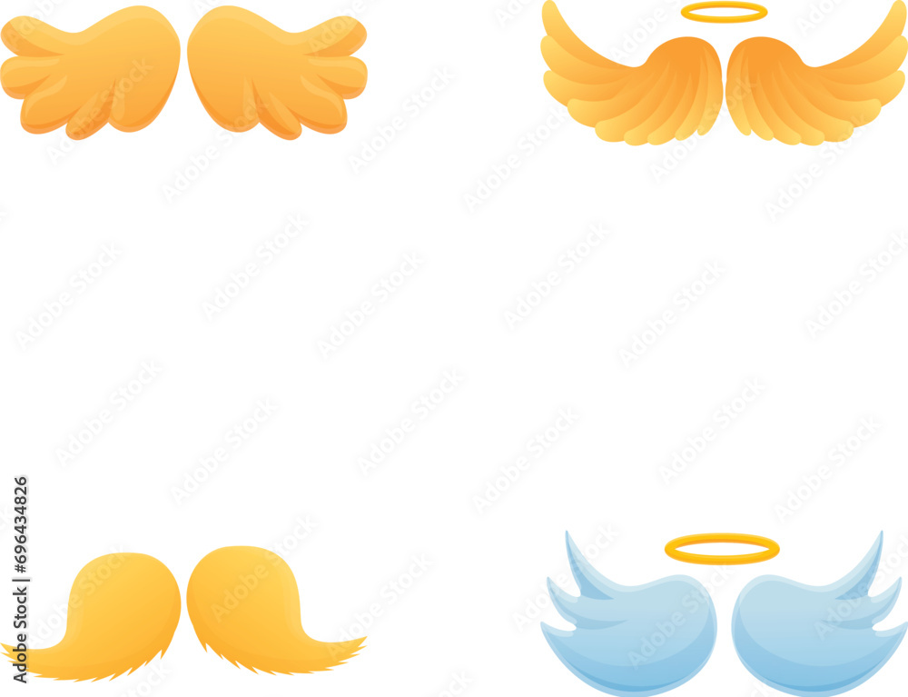 Fototapeta premium Angel symbol icons set cartoon vector. Various pair of wing with golden halo. Holy flying angelic element