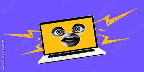 Trendy laptop collage with eyes and mouth on the screen. Grunge doodle lightning bolts. Contemporary vector design.