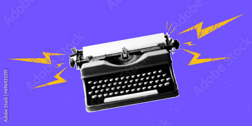 Trendy typewriter collage. Doodle grunge lightning bolts. Contemporary vector illustration.