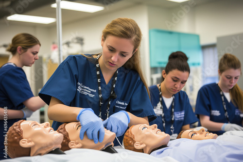 a group of student nurses immersed in training at college, medical colleagues photo