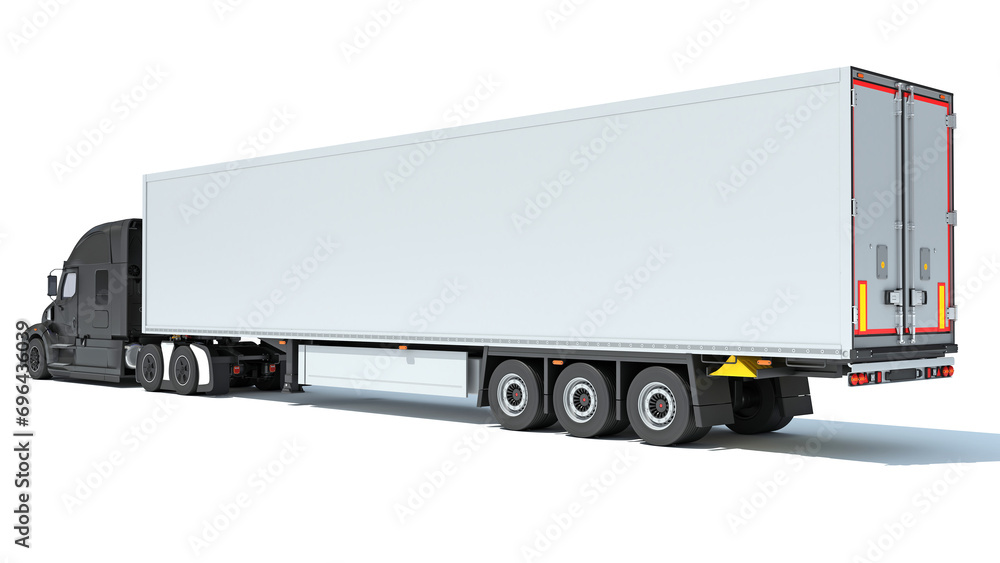 Truck with Reefer Refrigerator Trailer 3D rendering on white background Truck with Reefer Refrigerator Trailer 3D rendering on white background